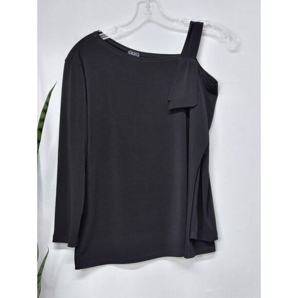 CLARA SUN WOO PEEKABOO SHOULDER DRAPED 3/4 SLEEVE BLACK TOP SIZE SMALL - Picture 1 of 6